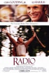 Movie poster for Radio, featuring a smiling man and a scene with a joyful figure raising their arms, highlighting themes of connection.