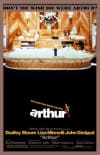 Movie poster for Arthur, featuring Dudley Moore, depicting themes of mental health and personal relationships.