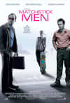Poster for Matchstick Men, featuring two men in suits and one with a suitcase, exploring themes of deception and mental health.