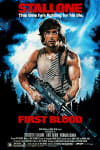 Movie poster for First Blood, featuring Sylvester Stallone as John Rambo in a dramatic forest setting.
