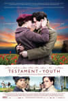 Pair of characters embracing in a field, with a sunset behind and key film titles displayed on the poster for Testament of Youth.