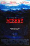 Film poster for Misery, featuring a snowy landscape and a cabin, highlighting themes of obsession and mental health.