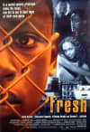 Movie poster for Fresh, featuring a young boy's face behind a chain-link fence, symbolizing complex life challenges.