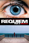 Close-up of a blue eye, with a figure standing on a pier, promoting the film Requiem for a Dream, exploring themes of mental health.
