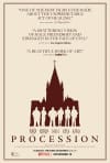 Film poster for Procession, highlighting themes of mental health and trauma recovery with silhouetted figures at a cathedral.