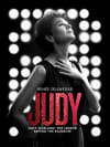 Black and white movie poster for Judy, featuring a woman with short hair against bright stage lights, illustrating her story.