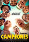 Group of men looking down with excited expressions, promoting the movie Campeones about mental health and teamwork.