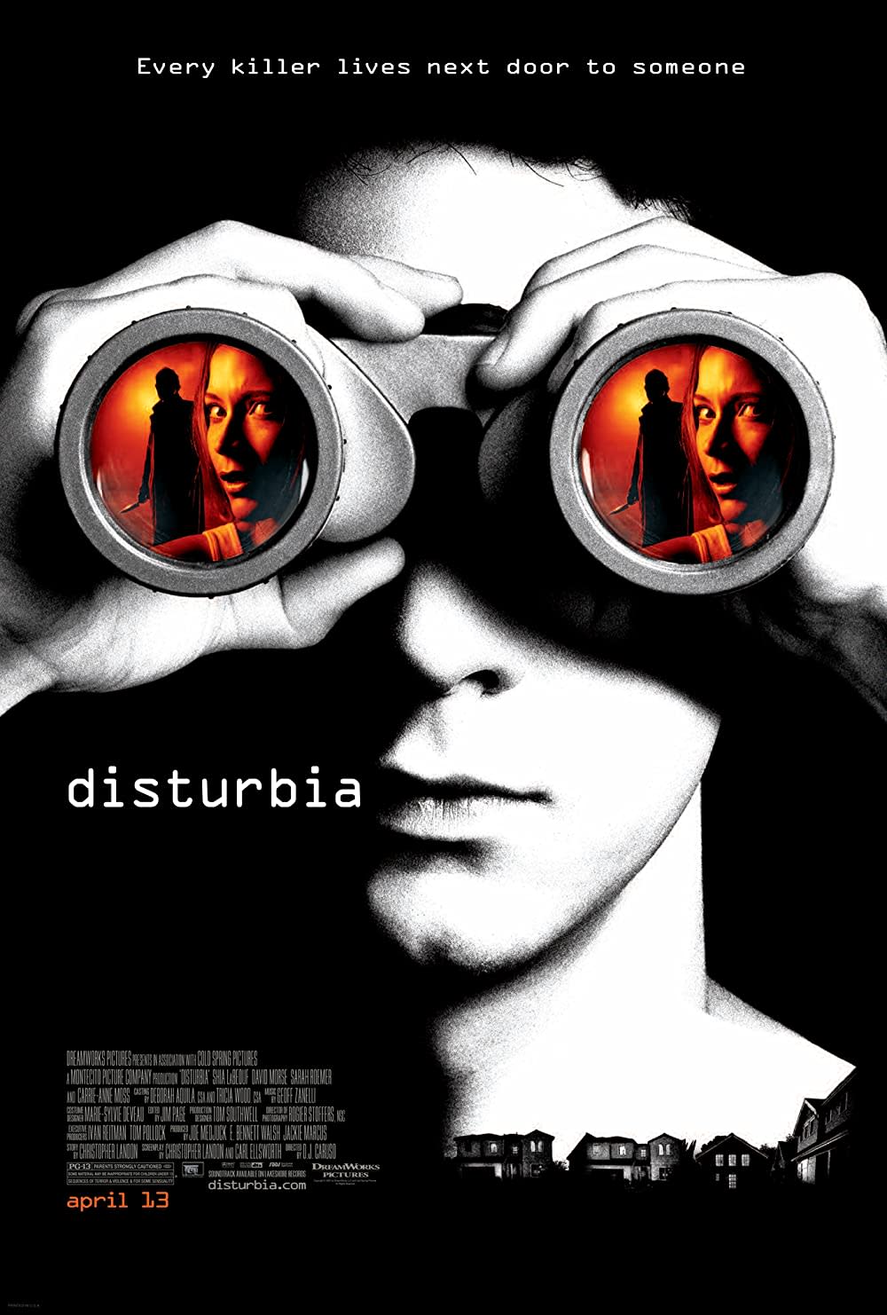 A person gazes through binoculars, revealing suspenseful scenes from the film Disturbia, about voyeurism and hidden dangers.