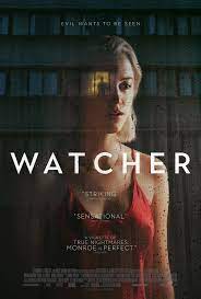 Film poster for Watcher, featuring a woman in a red dress looking anxiously through a window, reflecting themes of voyeurism.