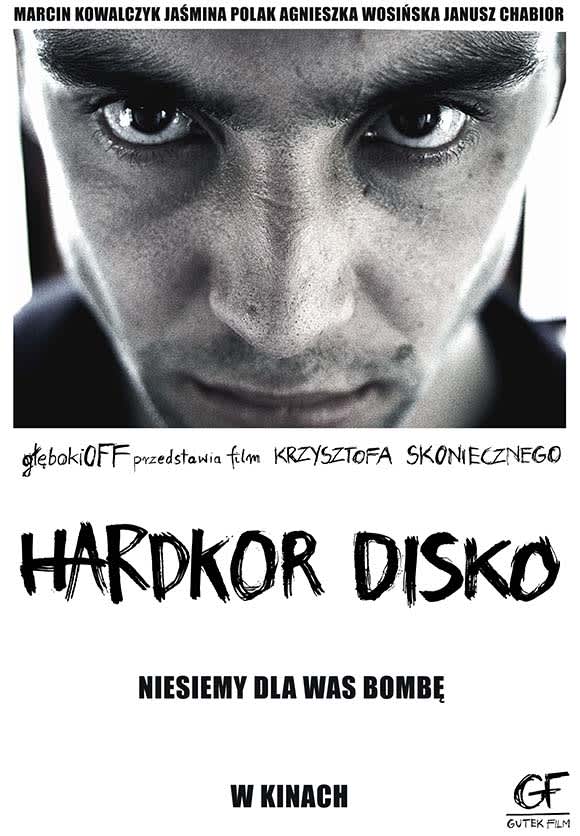 Black and white movie poster for Hardkor Disko, featuring a close-up of a man's intense gaze, with film title prominently displayed.