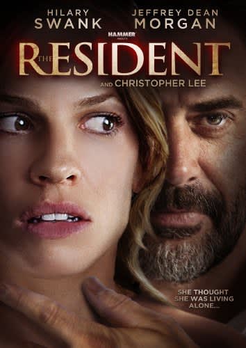 Movie poster for The Resident, featuring Hilary Swank and Jeffrey Dean Morgan, exploring themes of voyeurism and privacy invasion.