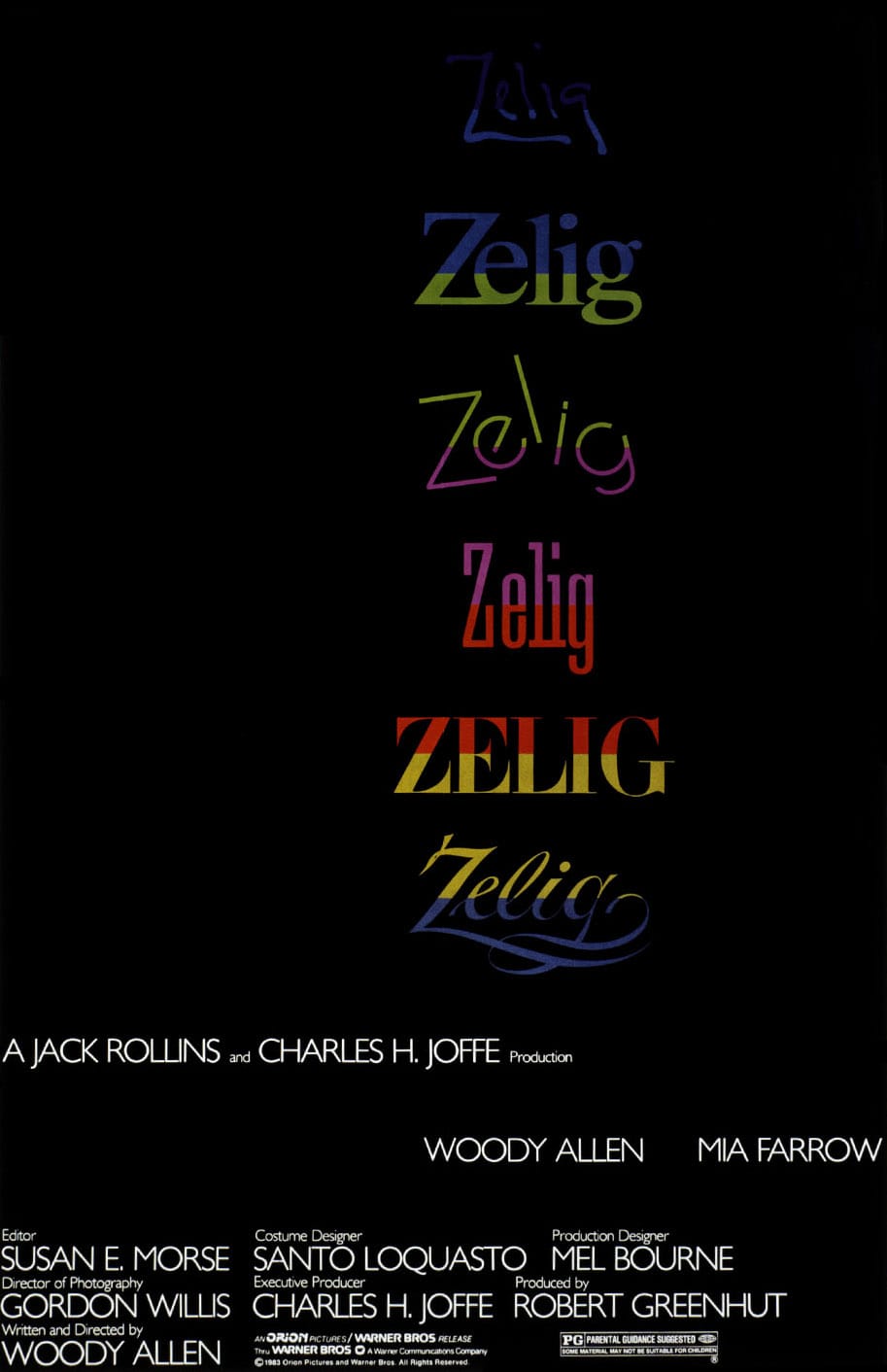 Alt text: Movie poster for 'Zelig' featuring colorful text variations of the title by Woody Allen and Mia Farrow.