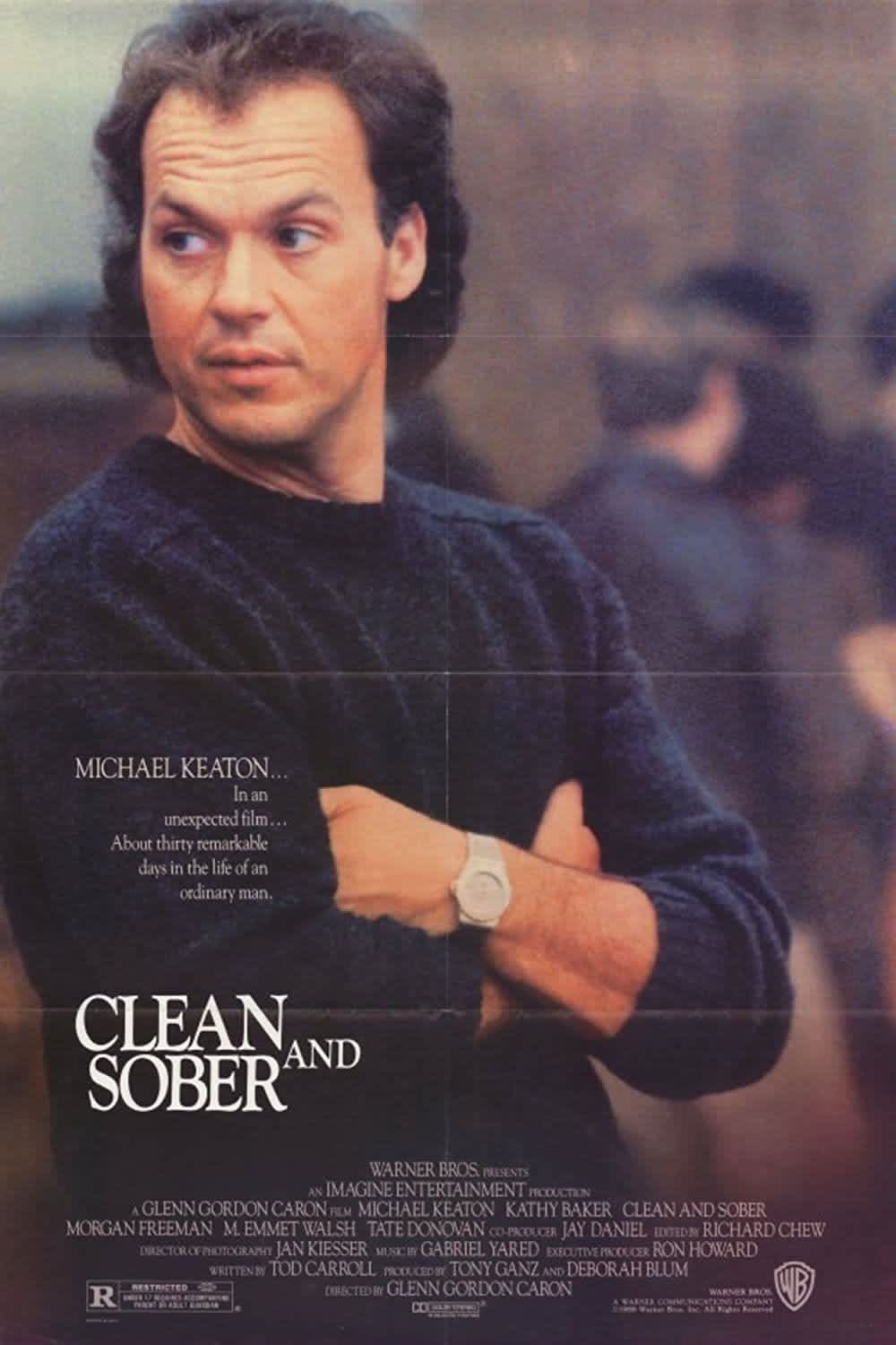 Michael Keaton in 'Clean and Sober', depicting a man's journey through addiction and counseling.