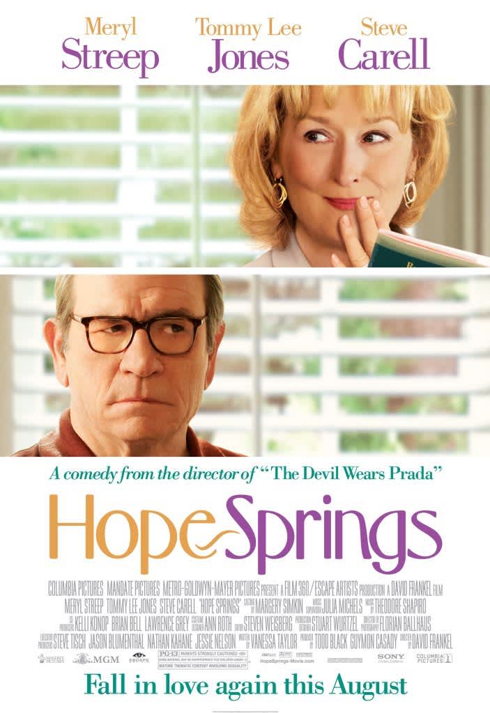 Movie poster for Hope Springs, featuring Meryl Streep and Tommy Lee Jones, highlighting themes of marriage and therapy.