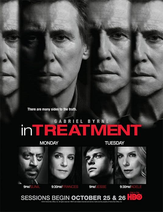 Promotional poster for In Treatment featuring Gabriel Byrne, highlighting therapy sessions with characters Sunil, Frances, Jesse, and Adele.