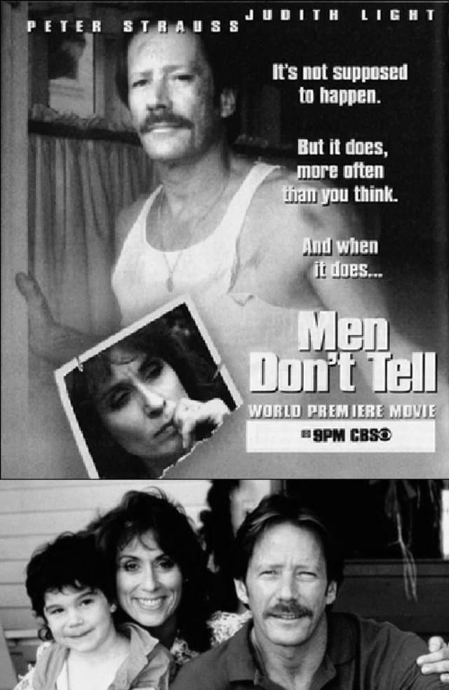 Black and white promotional image for the TV movie Men Don't Tell, featuring Peter Strauss and Judith Light.