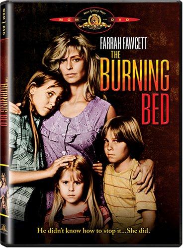 DVD cover of The Burning Bed, featuring Farrah Fawcett and three children, highlighting issues of domestic violence and abuse.