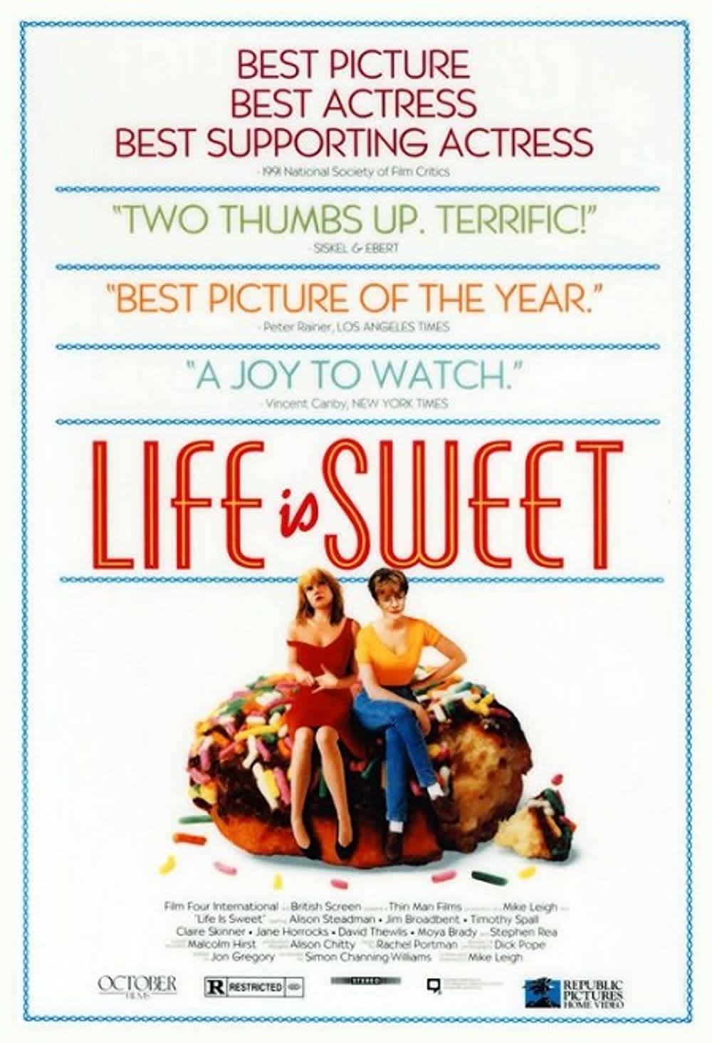 Alt text: Movie poster for 'Life is Sweet,' featuring two women sitting on a large donut with colorful sprinkles.