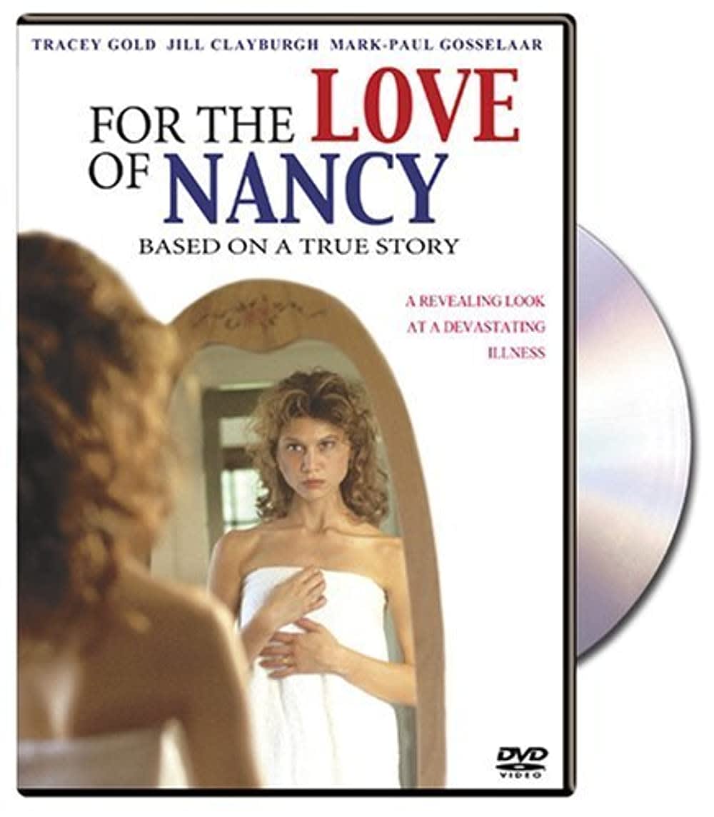 DVD cover of For the Love of Nancy, featuring a woman in a towel reflecting on her struggles with an eating disorder.
