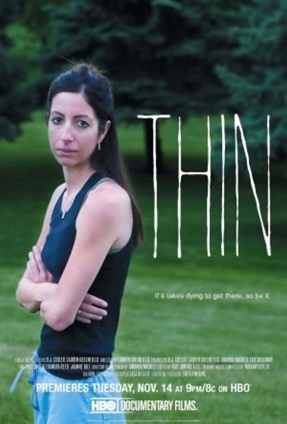 Documentary film Thin, featuring a young woman in a black tank top, addressing eating disorders and mental health themes.