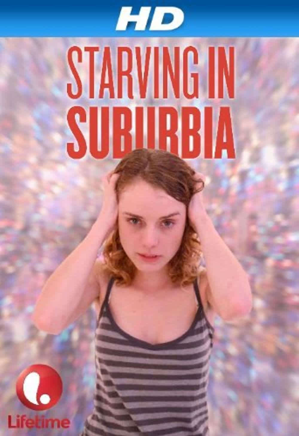 Girl with brown curly hair holding her head, expressing distress, with the title Starving in Suburbia over a shimmering background.