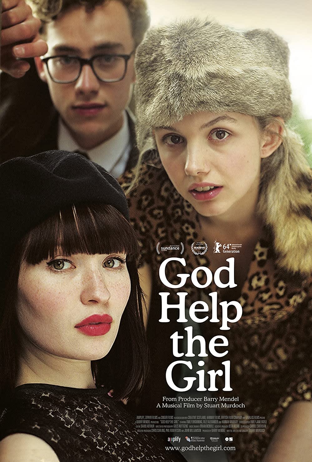 Promotional poster for the film God Help the Girl, featuring three young adults with distinct hairstyles and styles.