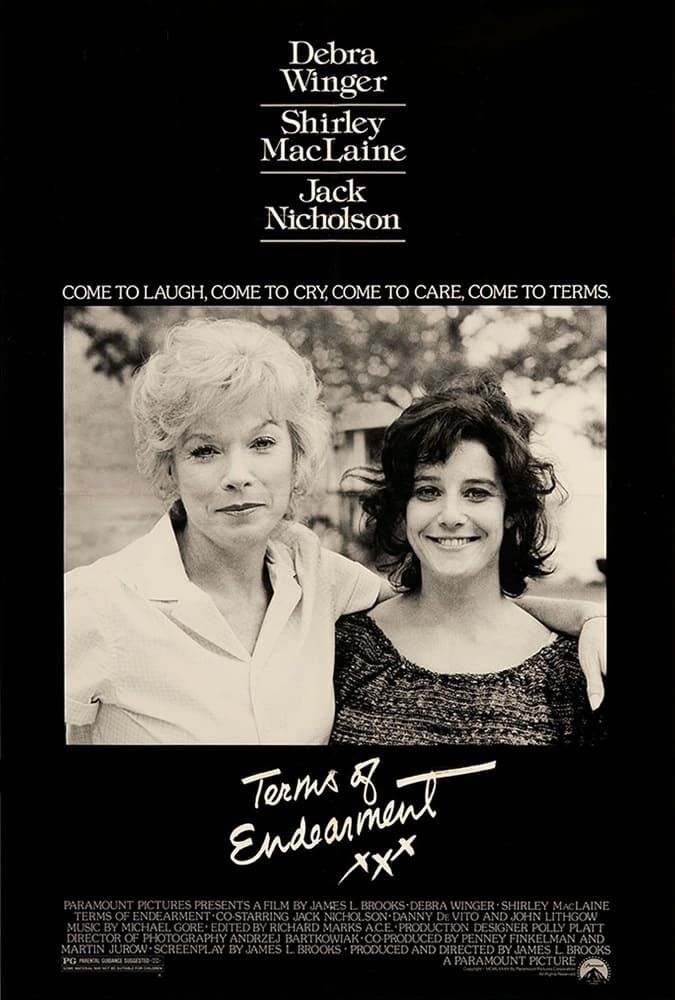 Alt text: Film poster for 'Terms of Endearment' featuring Debra Winger and Shirley MacLaine, explores themes of grief and relationships.