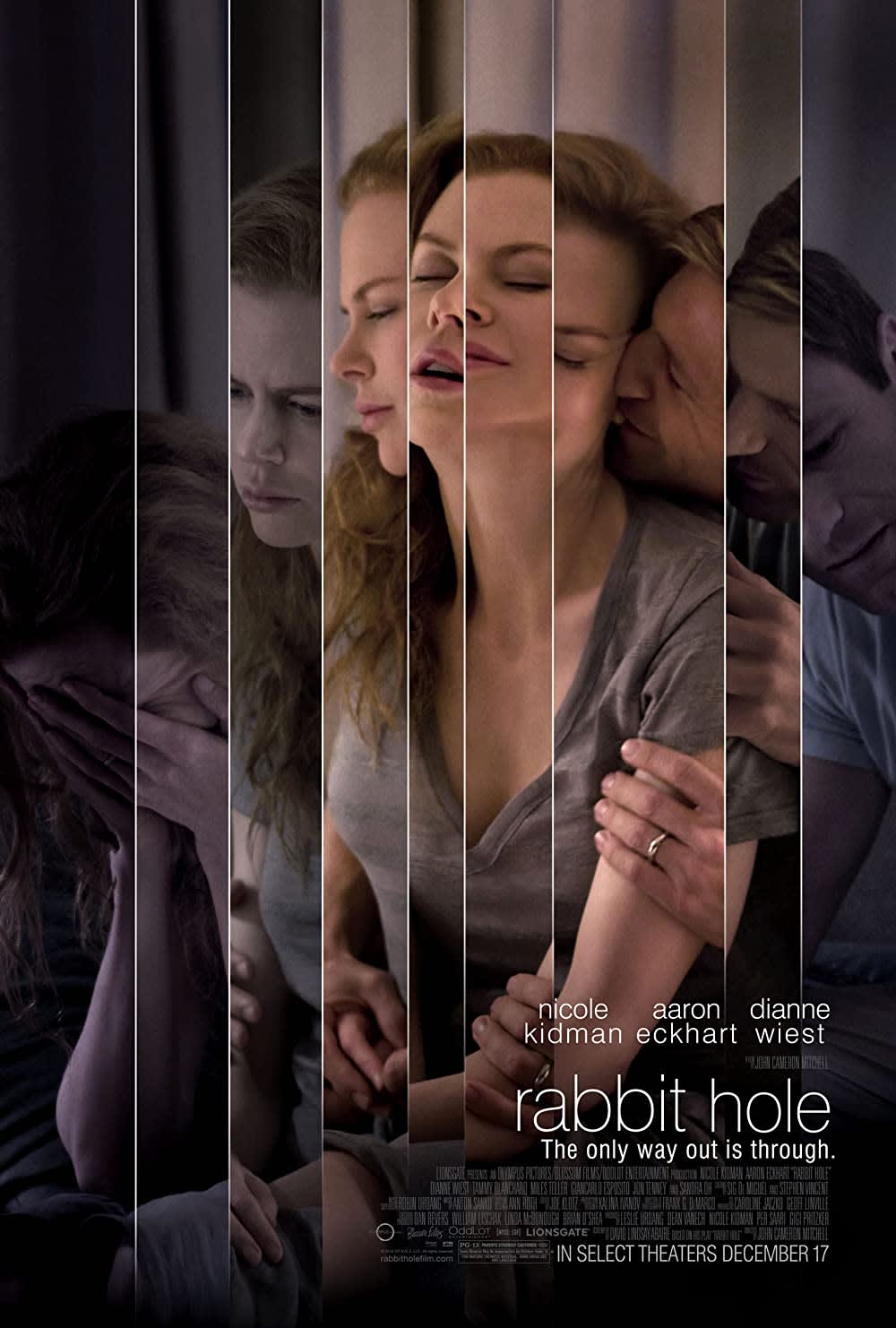 Alt text: Movie poster for 'Rabbit Hole,' featuring scenes of emotional expressions and the tagline, 'The only way out is through.'