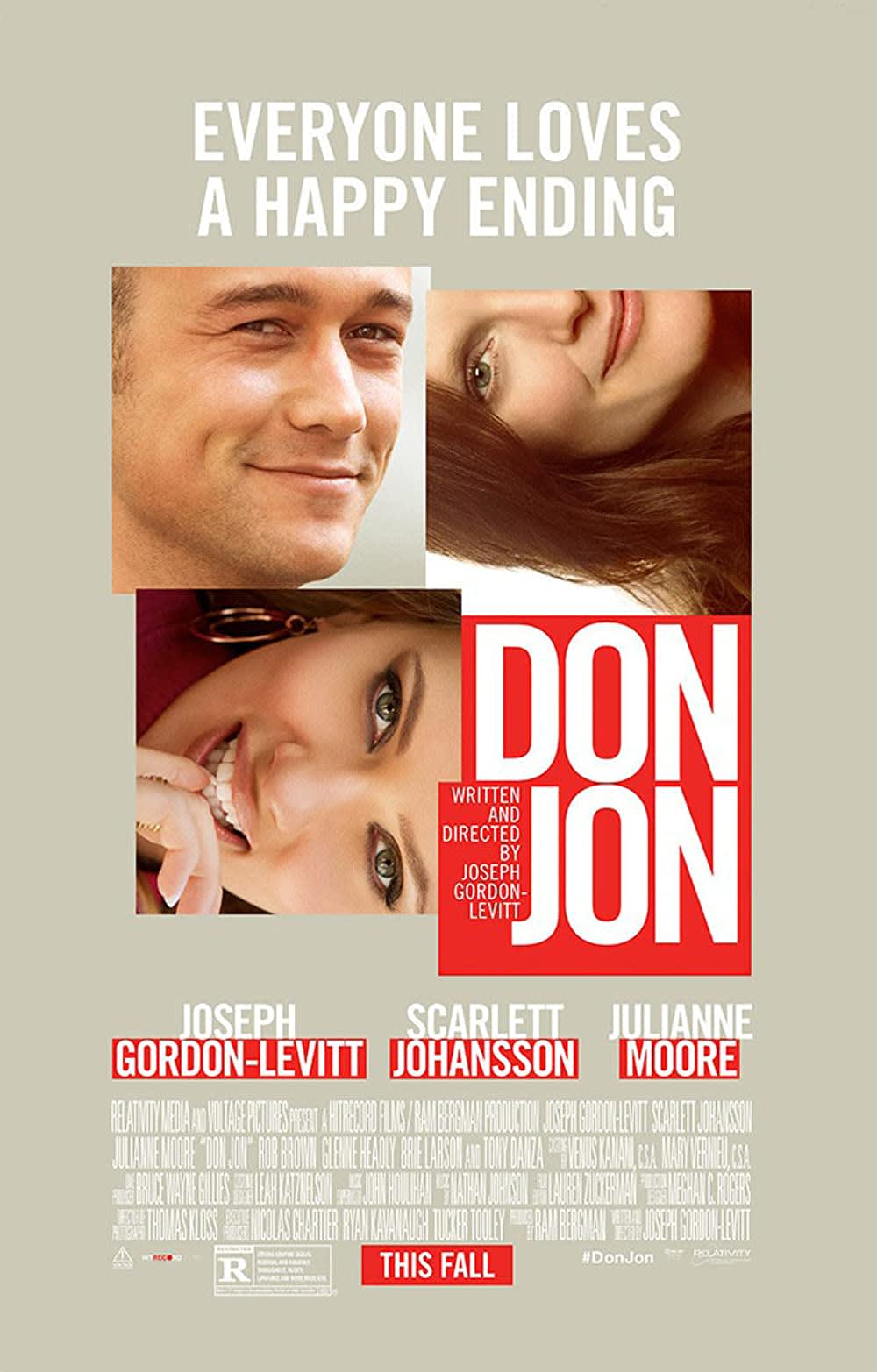 Alt text: 'Movie poster for Don Jon featuring Joseph Gordon-Levitt, Scarlett Johansson, and Julianne Moore, exploring relationships and sexual dynamics.'
