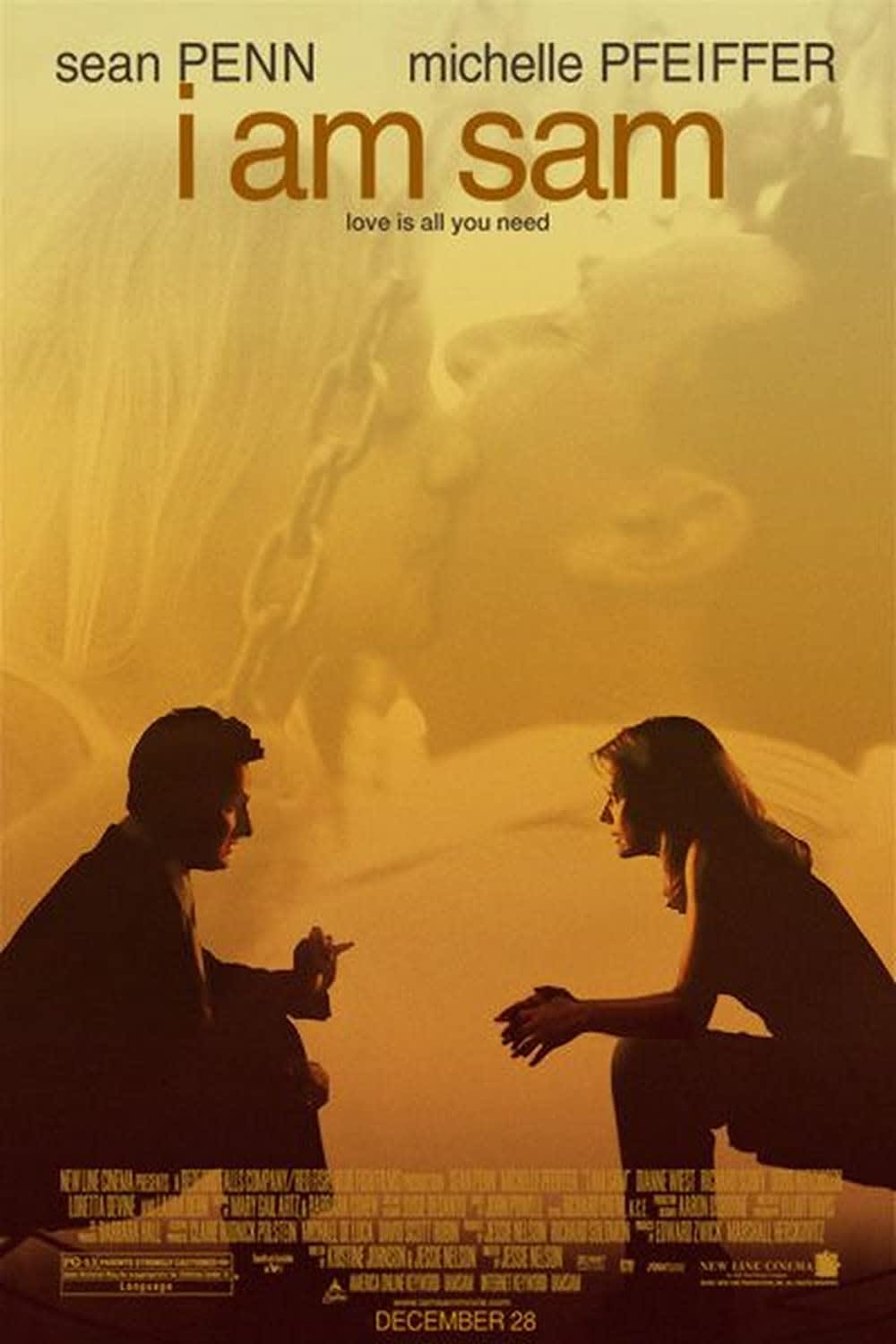 Movie poster for I Am Sam, featuring Sean Penn and Michelle Pfeiffer, highlighting themes of learning disorders and parenting.