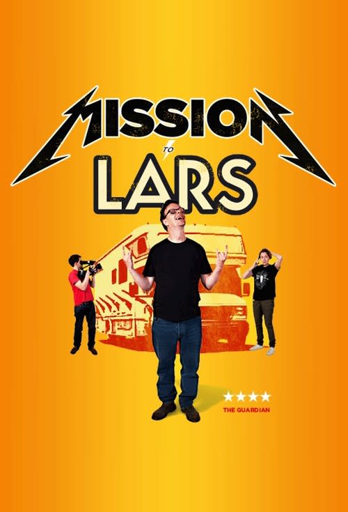 Movie poster for 'Mission to Lars' featuring a man in a black shirt, engaging with a film crew against an orange background.