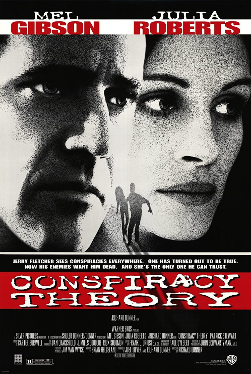 Movie poster for Conspiracy Theory, featuring Mel Gibson and Julia Roberts, highlighting paranoia and distrust themes.