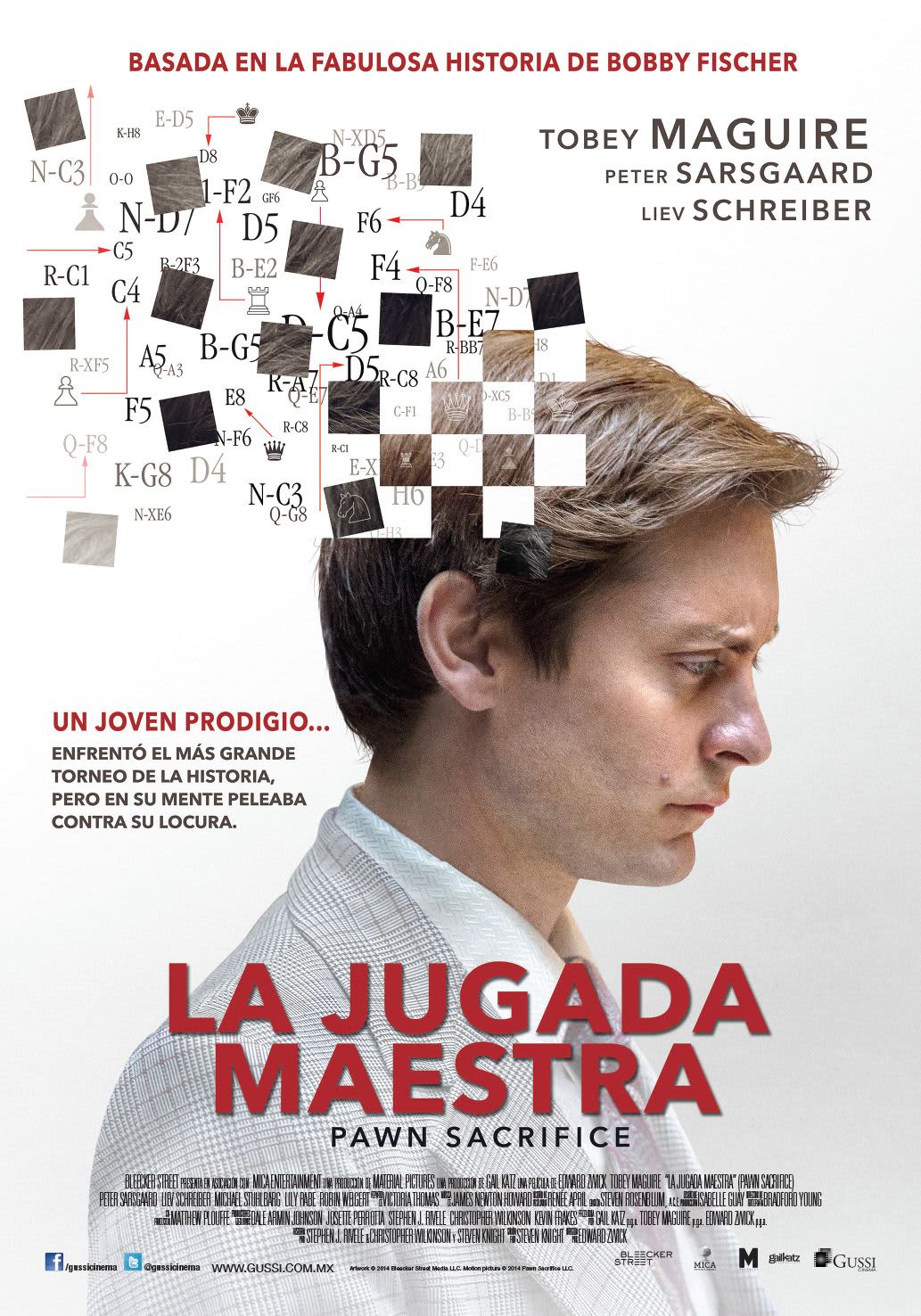Alt text: Movie poster for 'La Jugada Maestra' featuring Tobey Maguire as Bobby Fischer, with chessboard graphics and title.
