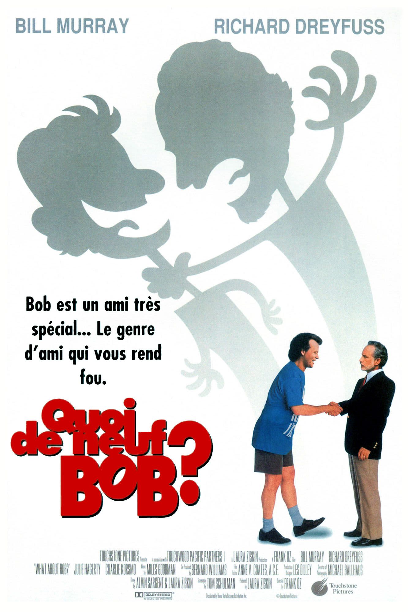 Film poster for Quoi de neuf, Bob? featuring Bill Murray and Richard Dreyfuss, highlighting themes of friendship and mental health.