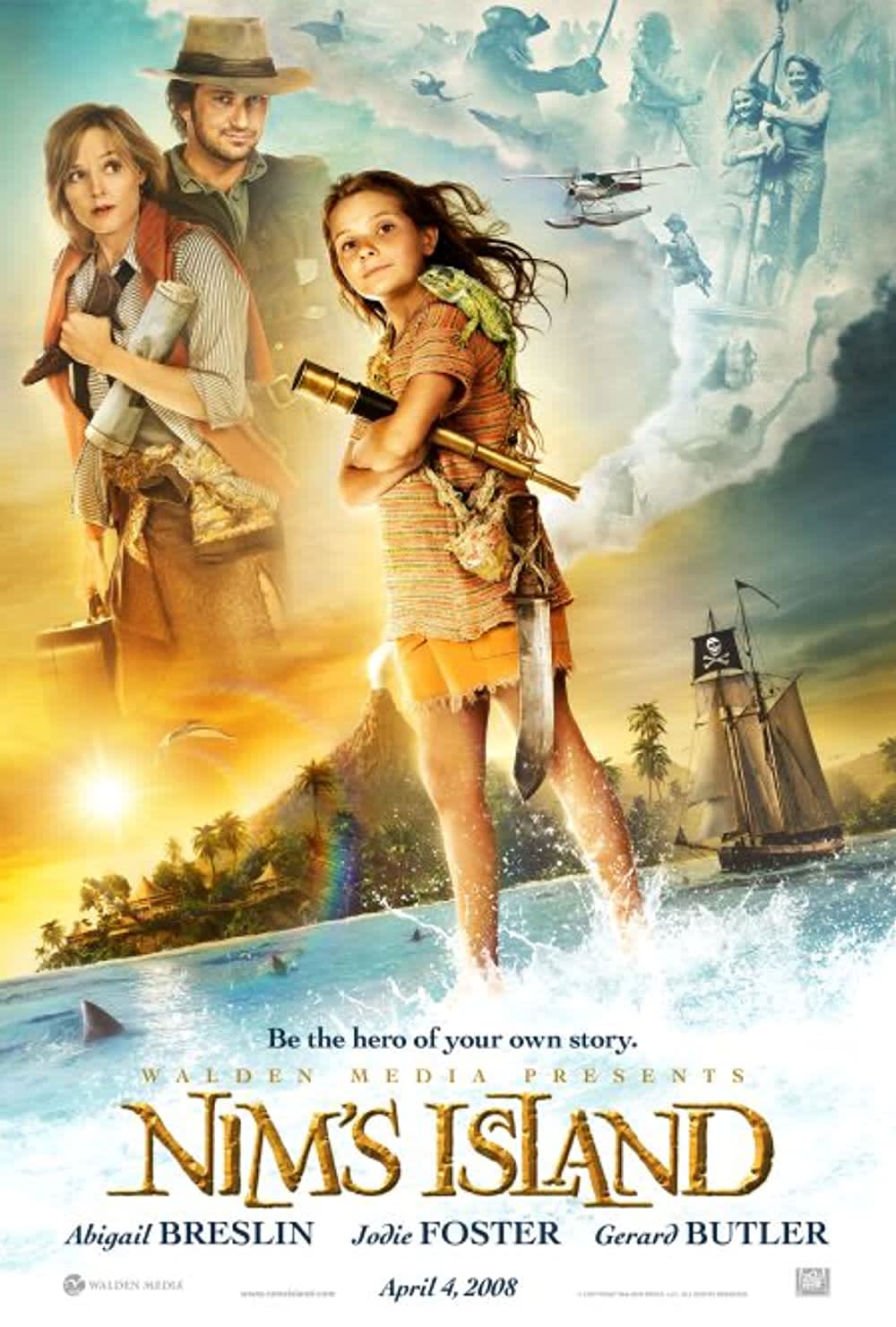 Movie poster for Nim's Island, featuring Abigail Breslin as Nim, with Jodie Foster and Gerard Butler in a colorful adventure scene.