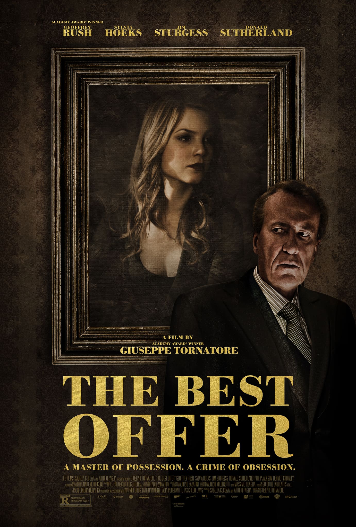 Movie poster for The Best Offer, featuring a man in a suit beside a woman's portrait, highlighting themes of possession and obsession.