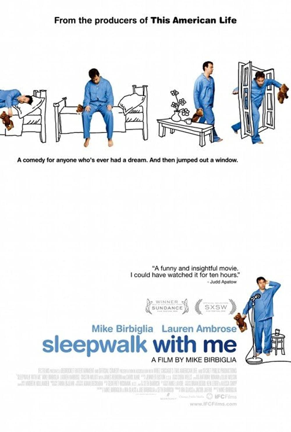 Movie poster for Sleepwalk with Me, featuring a man in pajamas, highlighting themes of sleep disturbances and humor.
