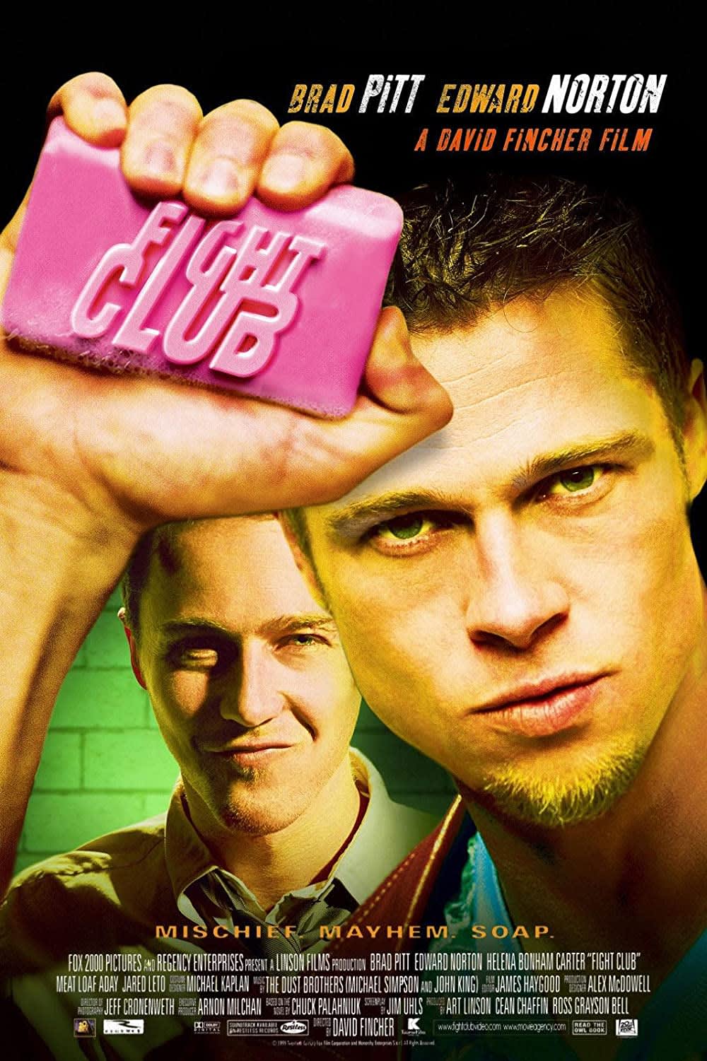Movie poster for 'Fight Club' featuring Brad Pitt and Edward Norton, highlighting themes of chaos and identity.