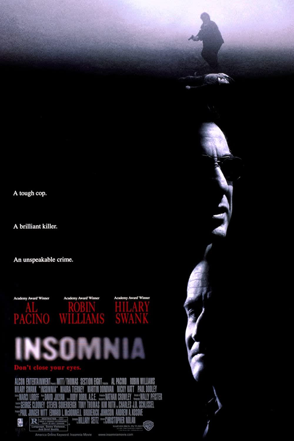 Movie poster for Insomnia featuring Al Pacino, Robin Williams, and Hilary Swank addressing sleep-wake disorder themes.