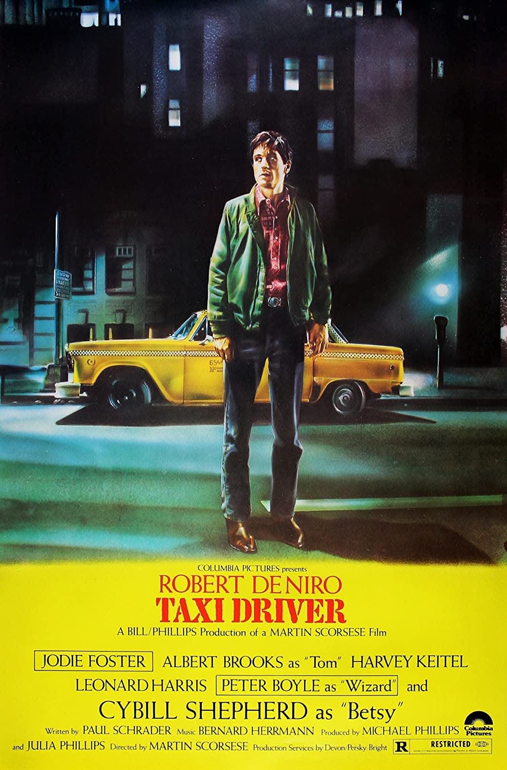 Alt text: Poster for 'Taxi Driver' featuring a man in a green jacket standing near a yellow taxi, with credits listed below.
