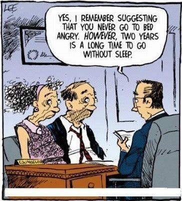 Cartoon of a therapist advising a couple, saying, Two years is a long time to go without sleep.