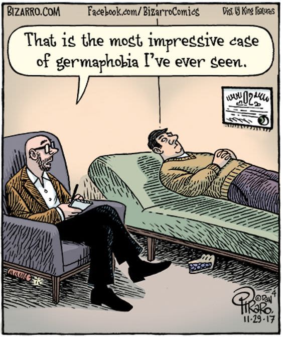 Cartoon depicting a therapist commenting humorously on a patient's extreme germaphobia during a session.