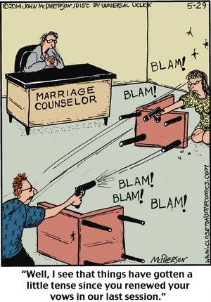 Cartoon of a marriage counselor observing a couple fighting with toy guns, highlighting humor in therapy sessions.