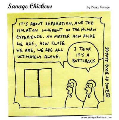 Two cartoon chickens discussing human isolation, one jokingly suggesting a window is a buttcrack.