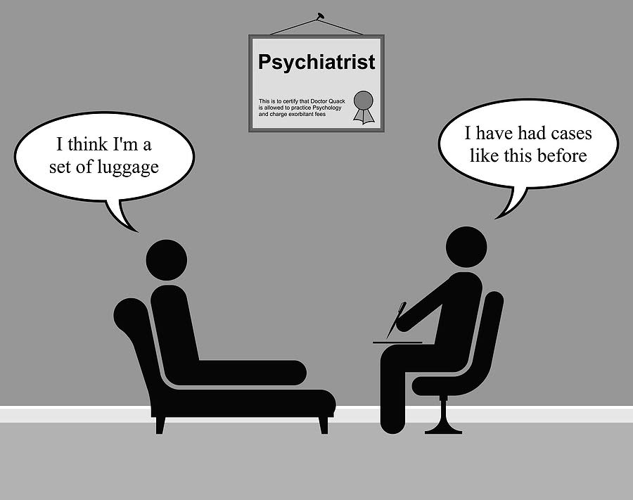 Cartoon of a therapist and patient, with the patient humorously stating, I think I'm a set of luggage.