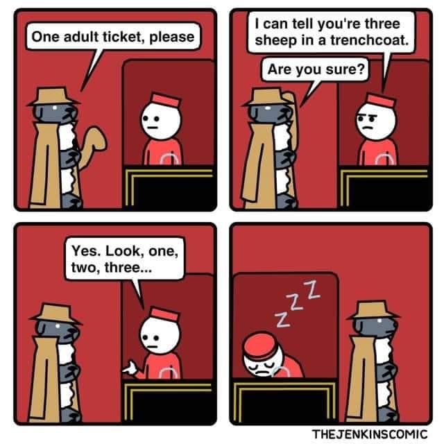 Cartoon depicting a comical exchange at a ticket counter, featuring a character disguised as three sheep in a trench coat.