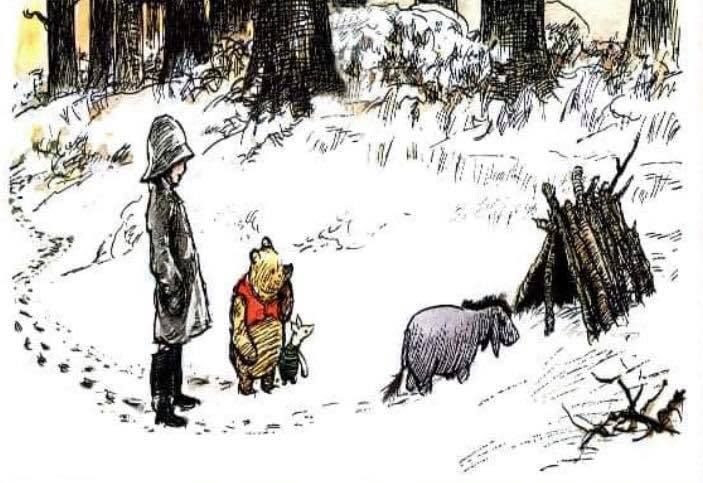 Child and Winnie the Pooh looking at Eeyore near a stick structure in a snowy forest, highlighting themes of friendship and support.