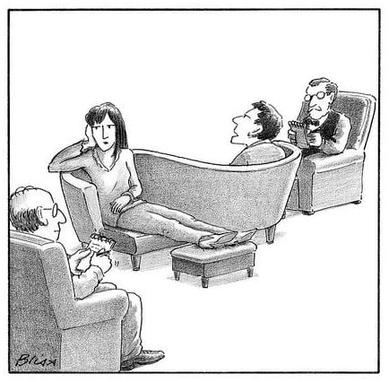 Cartoon depicting a therapy session with a woman receiving attention from two men, one distractedly reading a book.