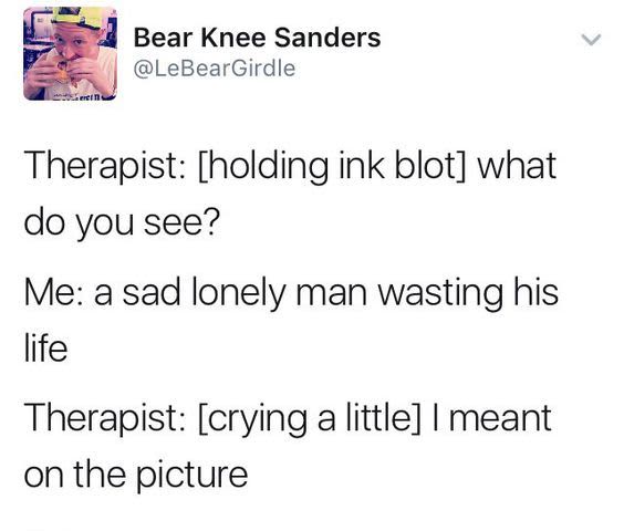 Humorous therapy conversation highlights the struggle of finding insight in ink blots—laughter truly is the best medicine for mental health!