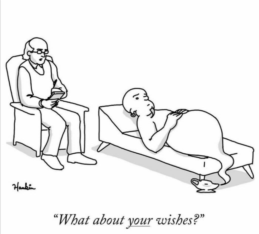 Cartoon depicting a therapist asking a client, What about your wishes? while the client appears reflective on the couch.